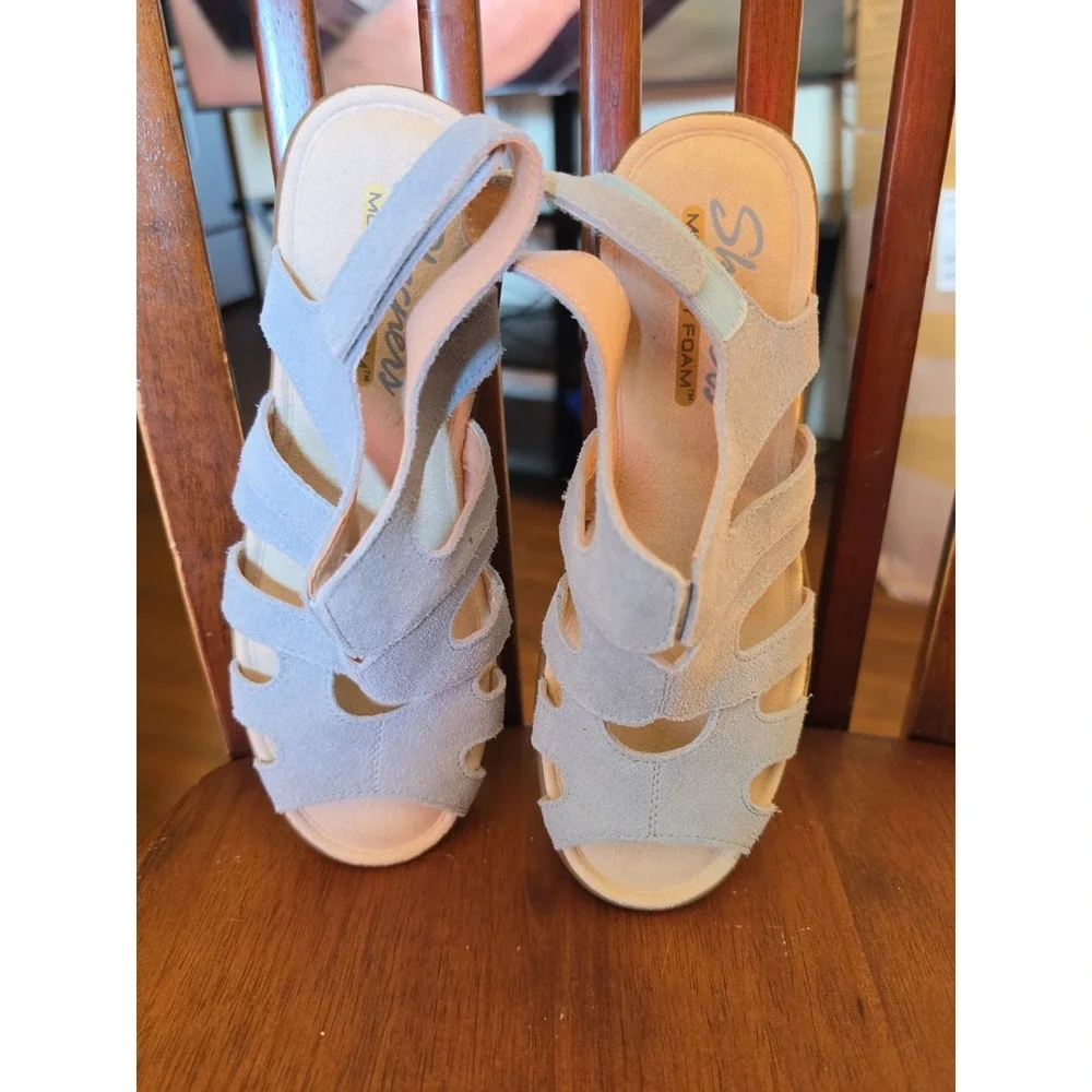 Skechers Memory Foam Womens Wedge Sandals Size 6 Light Blue Suede Slingback